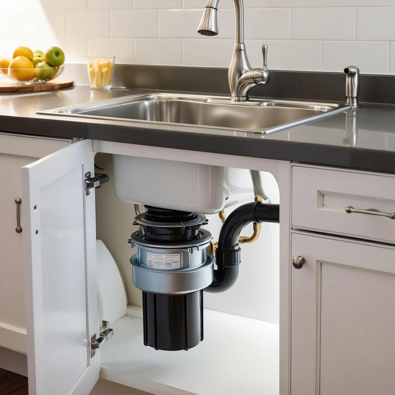 A clean kitchen sink with a newly installed garbage disposal, emphasizing proper installation and smooth operation.