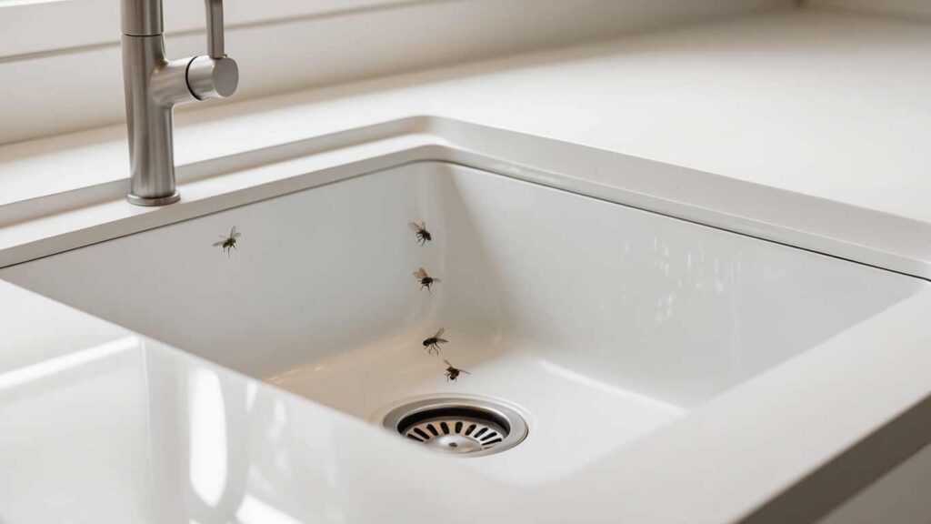 A modern kitchen sink with a sleek faucet and tiny flies hovering near the drain, illustrating common fruit fly problems resolved by Tip Top Plumbing.