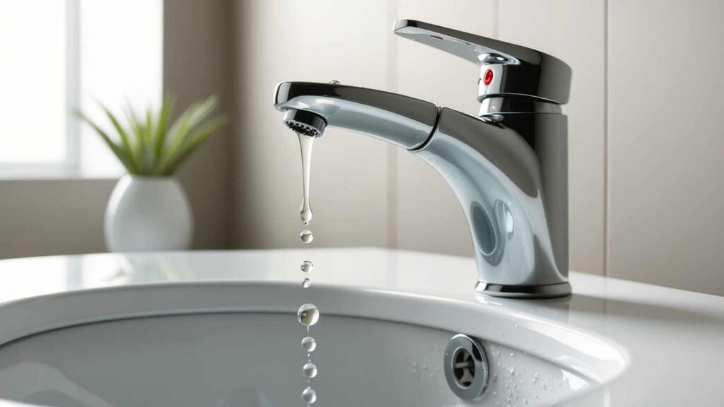 Close-up of a leaking toilet faucet with water droplets forming, illustrating repair solutions provided by Tip Top Plumbing in Broward County.