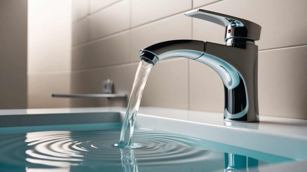 A modern bathroom faucet with ripples in the water below, illustrating noise-related plumbing issues resolved by Tip Top Plumbing in Broward County, FL.