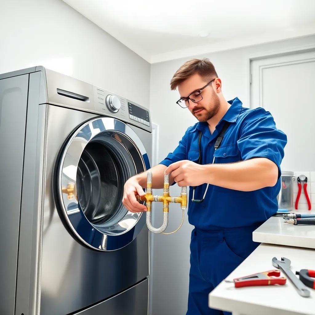 Professional plumber from Tip Top Plumbing & Restoration installing a washing machine in a clean, modern laundry room in Margate, FL.