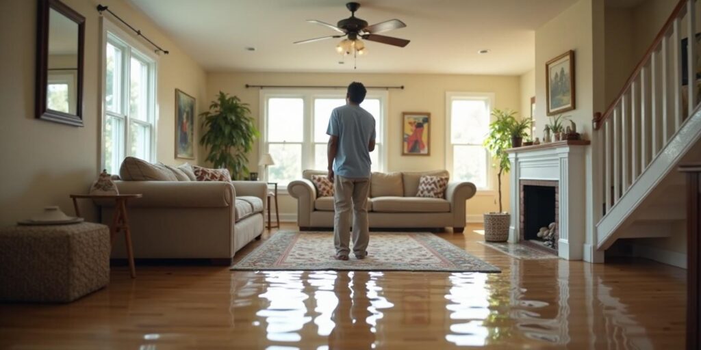 Homeowner using a wet vacuum to remove standing water and prevent mold growth after water damage.