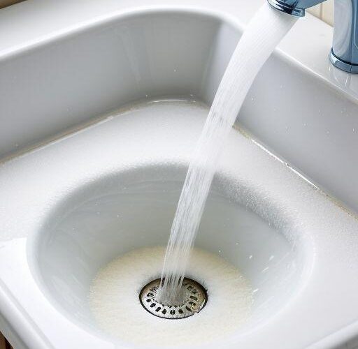 Baking soda and vinegar reacting in a bathroom sink drain to clean and remove mold, organic buildup, and odors from household plumbing.