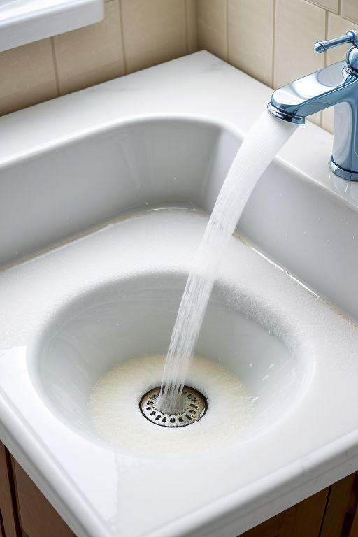 Baking soda and vinegar reacting in a bathroom sink drain to clean and remove mold, organic buildup, and odors from household plumbing.