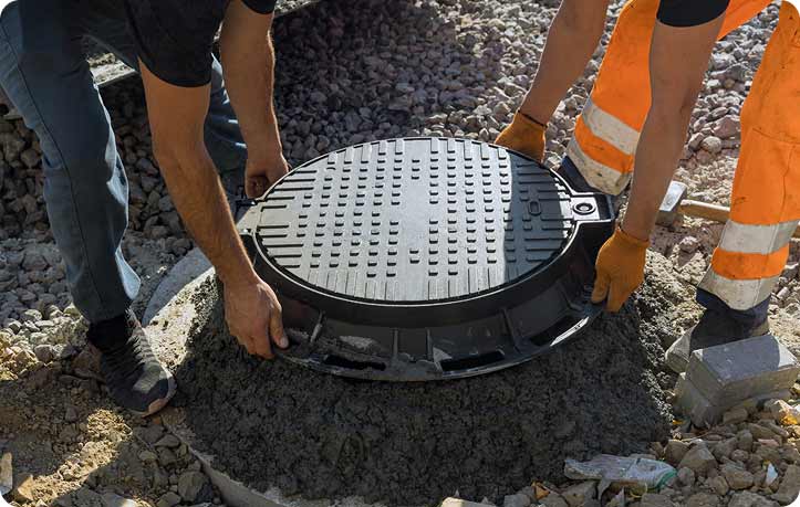 Tip Top Plumbing & Restoration in Oakland Park, FL, expertly handles sewer line excavation projects. This image shows professional plumbers installing a new sewer line manhole cover, representing Tip Top’s precise sewer solutions. Contact 954-471-4036 for sewer line services throughout Broward County.