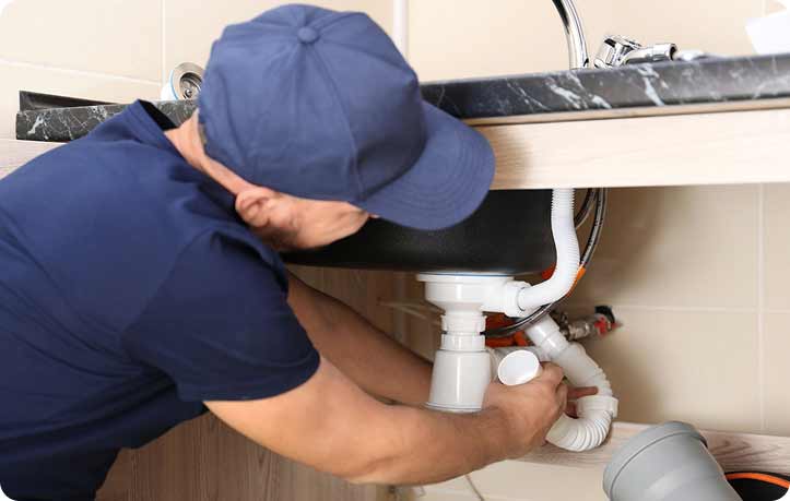 Tip Top Plumbing & Restoration, based in Oakland Park, FL, provides efficient sink repair services. This image clearly shows a skilled plumber fixing the plumbing beneath a kitchen sink. Tip Top Plumbing offers prompt plumbing repairs and can be reached at 954-471-4036, serving homes and businesses throughout Broward County.