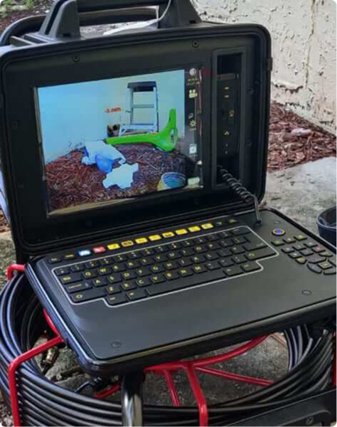 Tip Top Plumbing performing a professional camera inspection on a residential drain line, showcasing the advanced camera tool and live monitor display. This service allows accurate, non-invasive identification of blockages and pipe damage.
