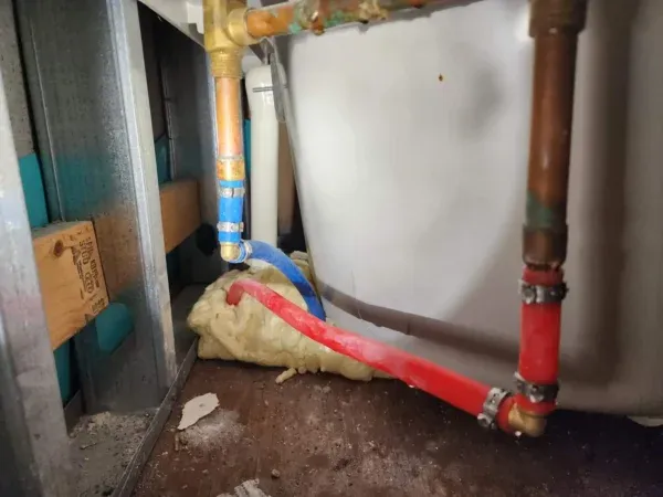 Homeowner’s emergency response to an active pipe leak—water shutoff valve being closed and a bucket placed underneath to prevent damage. Tip Top Plumbing advises immediate mitigation steps before professional repair.