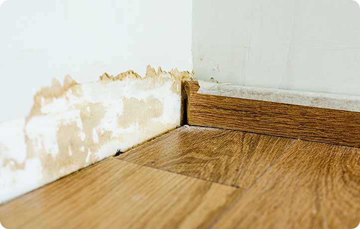 Tip Top Plumbing & Restoration provides trusted water damage plumbing services in Broward County, FL. This image shows significant water damage, with swollen, discolored drywall and warped wooden flooring. Tip Top Plumbing, located at 3361 N Dixie Hwy, Oakland Park, FL, is ready 24/7 to assist homeowners and businesses in rapidly addressing water damage. Call 954-471-4036 for immediate local plumber services and water damage solutions.