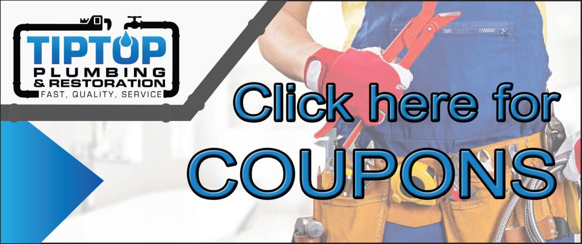 Plumbing discount banner featuring a clean home scene and tools, used by Tip Top Plumbing & Restoration to promote $50 off services for homeowners in Broward County, FL.