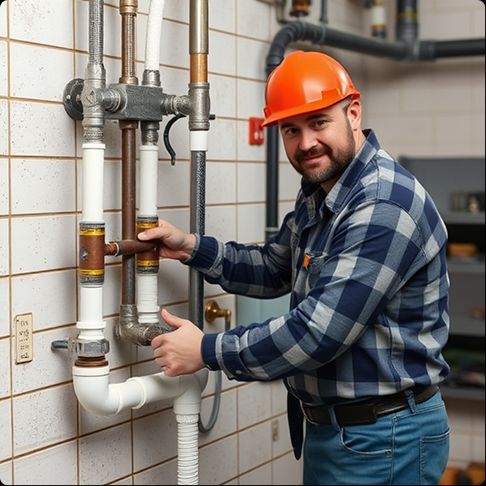 Licensed plumber inspecting and adjusting interior residential piping as part of plumbing and restoration work in Broadview Park, FL.