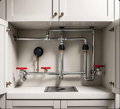 Clean under-sink pipework with shut-off valves and pressure gauge in Coral Springs, FL plumbing service project.