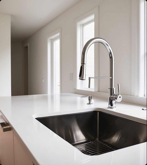 Sleek chrome kitchen faucet installed over a stainless steel sink in a Dania Beach home.