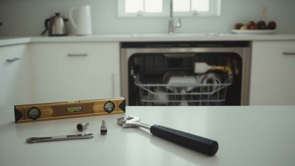 Tools and a partially installed dishwasher ready for setup in a Broward County kitchen. Tip Top Plumbing & Restoration helps homeowners and businesses install dishwashers properly—avoiding leaks and plumbing issues.