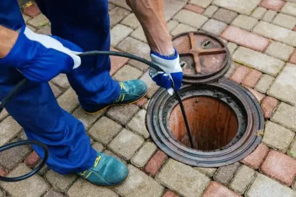 Technician in protective gloves and blue work pants operating a flexible drain cleaning cable inserted into an outdoor sewer drain on a brick-paved surface. This image represents Tip Top Plumbing & Restoration’s reliable drain cleaning services available in Broward County, FL, for both residential and commercial clients.