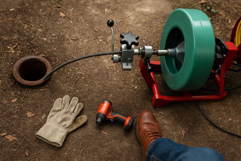 Professional drain cleaning equipment with a flexible cable inserted into an outdoor sewer drain, surrounded by work gloves and plumbing tools. This image represents Tip Top Plumbing & Restoration’s expert drain cleaning services available in Broward County, FL, providing fast, reliable clog removal for residential and commercial clients.