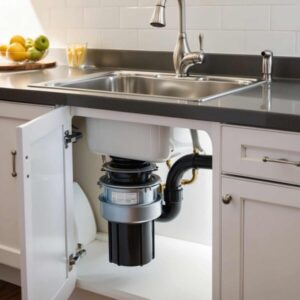 Newly installed garbage disposal unit under a kitchen sink with plumbing connections visible. This image represents Tip Top Plumbing & Restoration’s garbage disposal installation and repair services for homes and businesses in Broward County, FL.