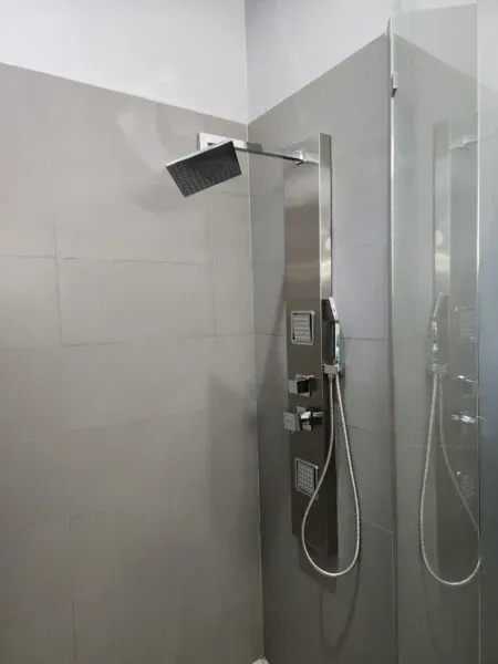 Modern shower installation with rainfall head and handheld sprayer, representing plumbing and restoration services in Hallandale Beach, FL.