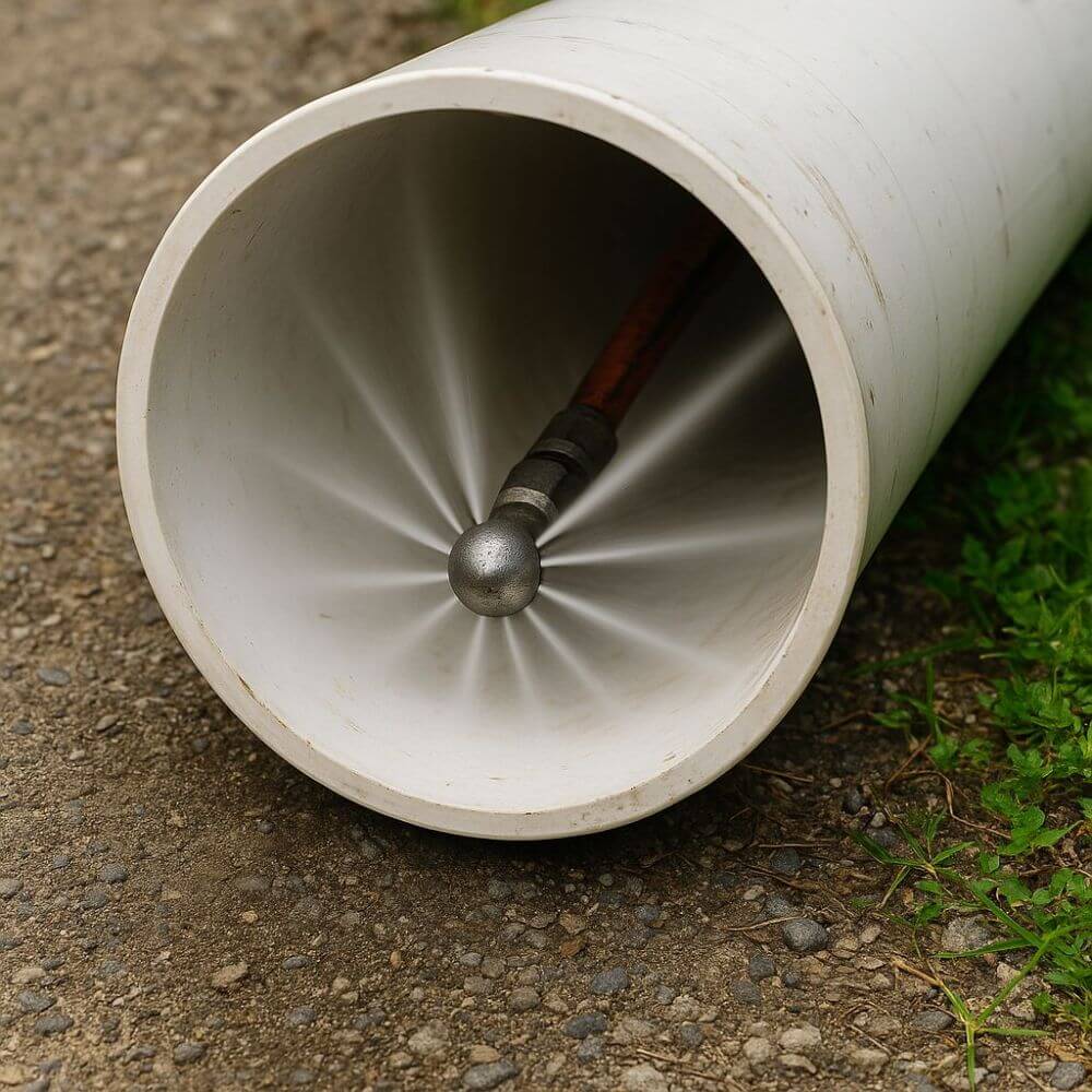 A hydro jetting nozzle sprays high-pressure water inside a sewer pipe in Pembroke Pines, FL. Tip Top Plumbing uses this method to break up heavy buildup and remove grease, sludge, and roots from residential and commercial drain lines.