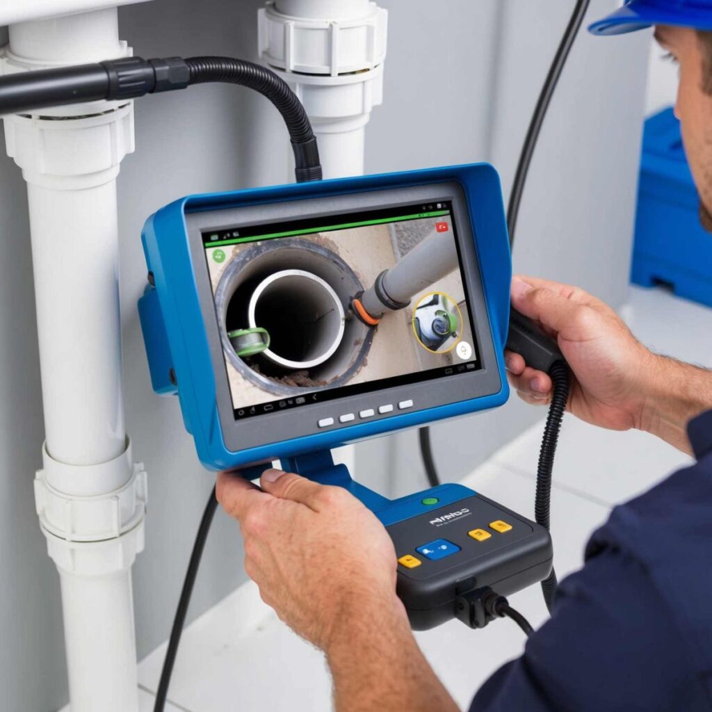 Pipe inspection camera identifying leaks in Kendall Green FL home plumbing system.