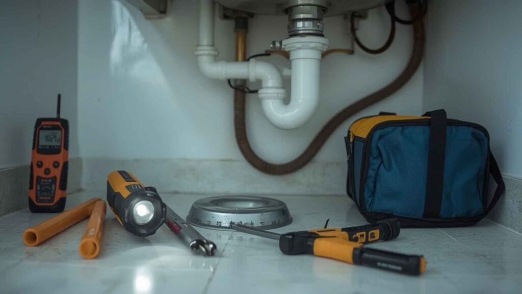 Plumbing tools prepared for leak detection and repair in Pembroke Pines homes. Tip Top Plumbing & Restoration uses professional-grade equipment to locate and fix hidden leaks behind walls, under sinks, and inside cabinets across Broward County.