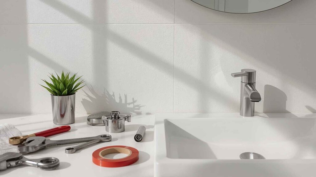 Tip Top Plumbing & Restoration’s plumbing setup for faucet and pipe repairs in Broward County. The image shows key tools—wrenches, seal tape, and pressure gauge—neatly arranged beside a modern faucet. It reflects Tip Top’s expert service for homeowners and businesses seeking fast, reliable help with leaks, installations, or maintenance. Bilingual English/Spanish support and flat-rate pricing ensure a stress-free experience from Oakland Park to Fort Lauderdale.