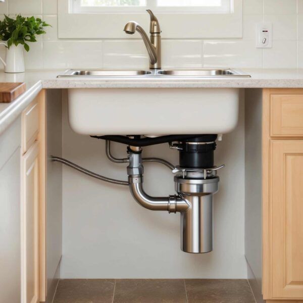 Sleek modern garbage disposal unit installed under a kitchen sink with stainless steel plumbing pipes. This image represents Tip Top Plumbing & Restoration’s garbage disposal installation and repair services in Broward County, FL.
