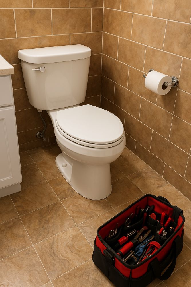 Freshly installed toilet in a Pembroke Pines bathroom with clean tile and tools nearby, indicating a completed repair and installation service.