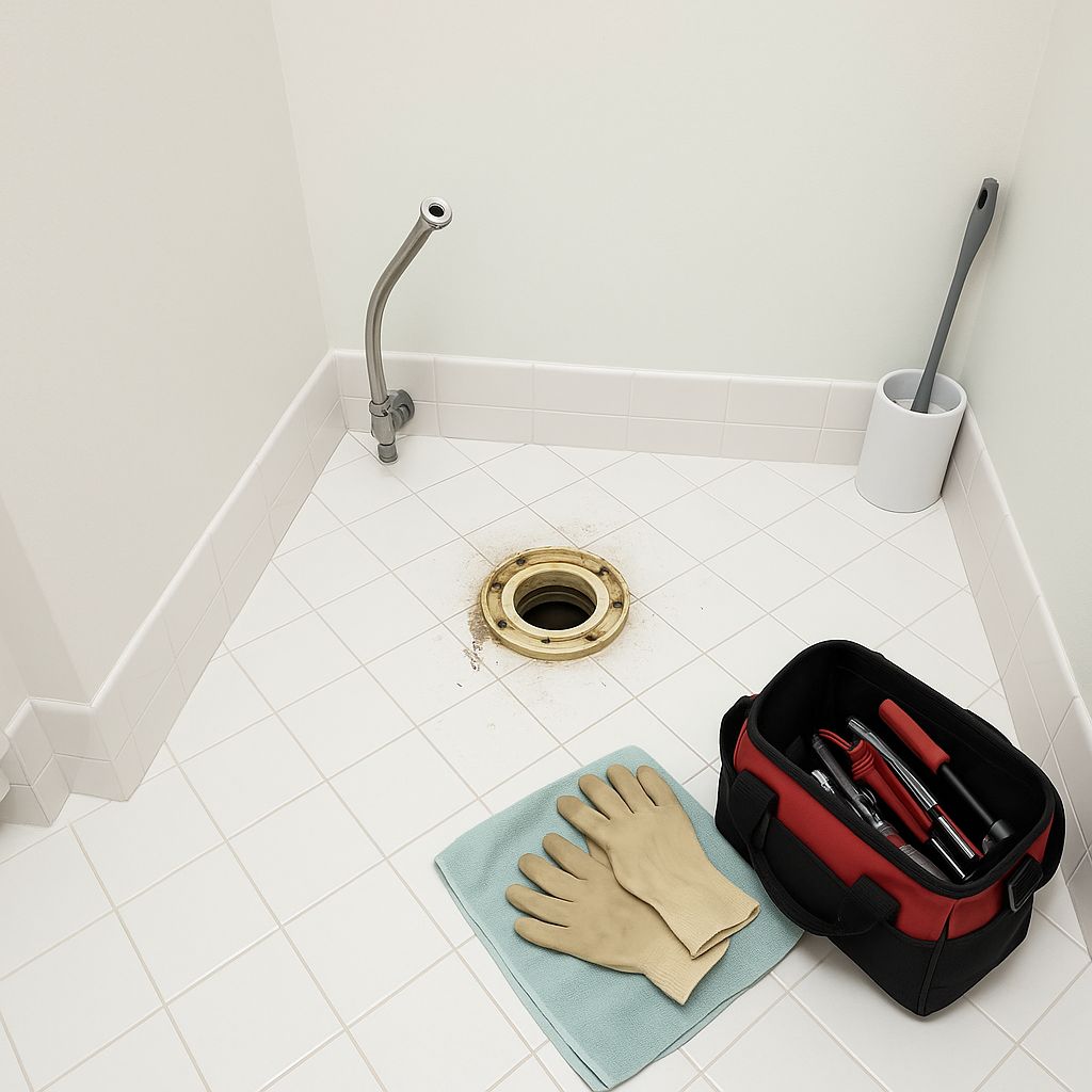 Toilet removed during repair in a Pembroke Pines home, showing exposed flange and plumbing tools ready for installation.