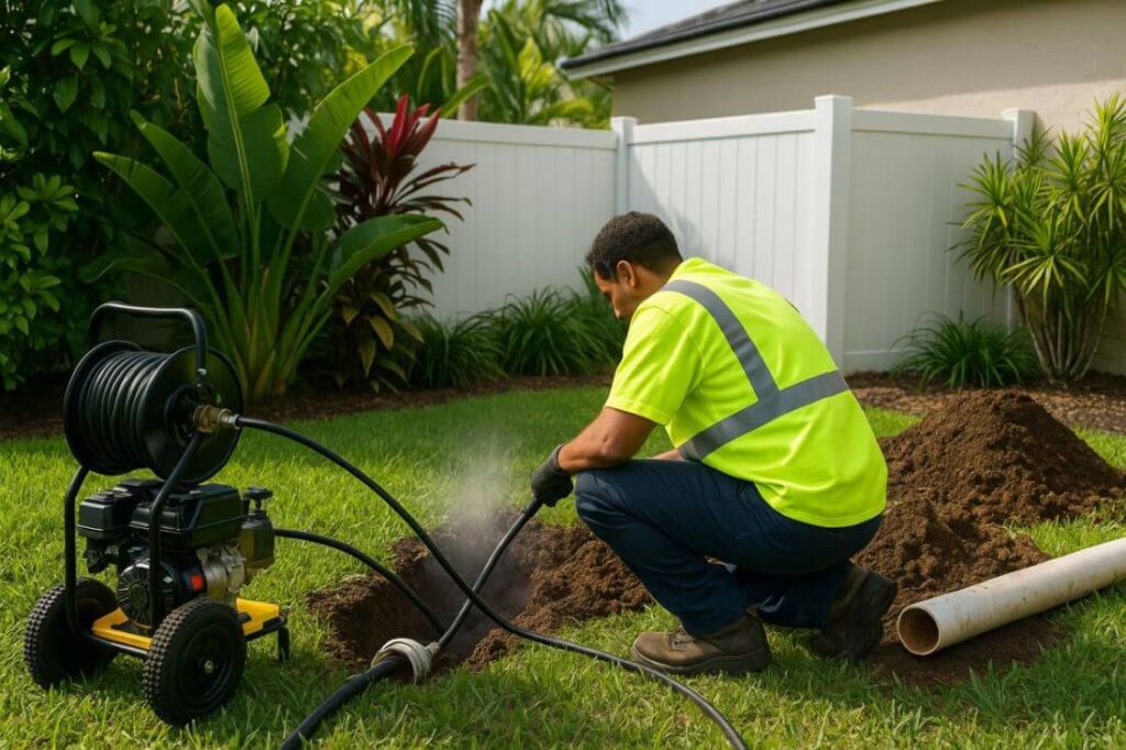 Plumber in Plantation FL performing outdoor hydro jetting with professional equipment to clear residential sewer line blockage.