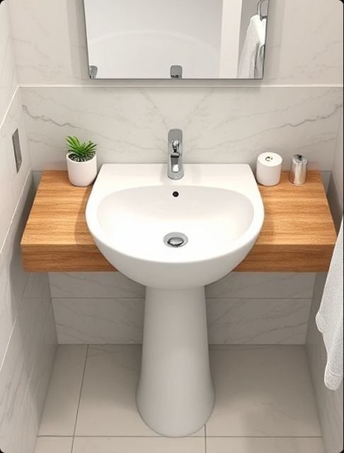 Tip Top Plumbing & Restoration delivers expert plumbing services in Lauderhill, FL, including bathroom sink installations. This image shows a clean pedestal sink setup with modern fixtures, marble walls, and a wooden counter—perfect for homeowners seeking reliable, stylish plumbing solutions.