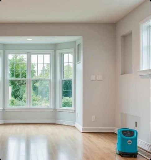Tip Top Plumbing & Restoration provides water damage cleanup services in Lighthouse Point FL. This image shows a restored living room with a drying unit placed near a sunlit bay window.