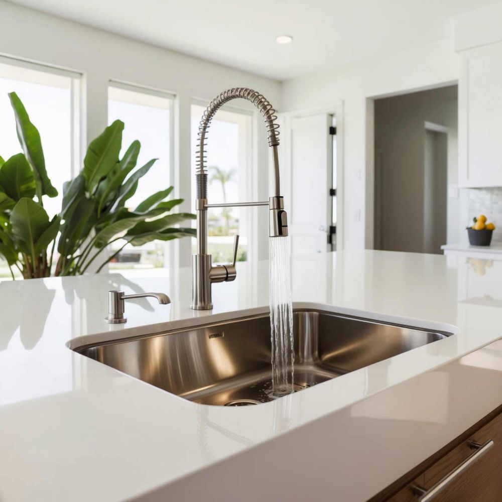 Tip Top Plumbing & Restoration in Miramar FL installs modern kitchen faucets and plumbing systems. This image shows a sleek pull-down faucet running water over a stainless steel sink.