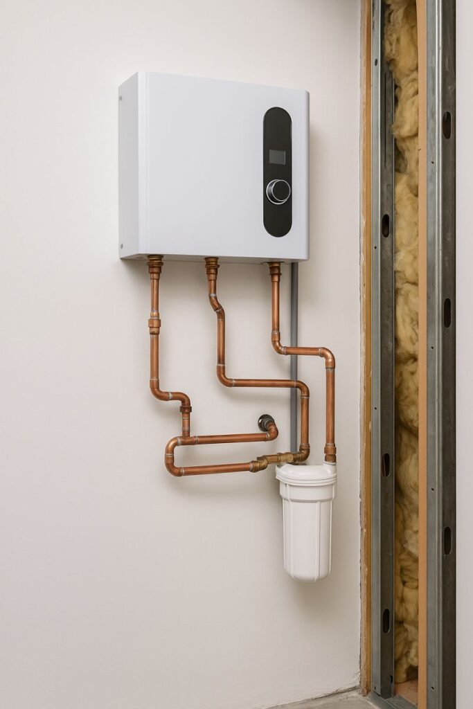 Tankless water heater installation with copper piping, representing plumbing and restoration services in Deerfield Beach, FL.