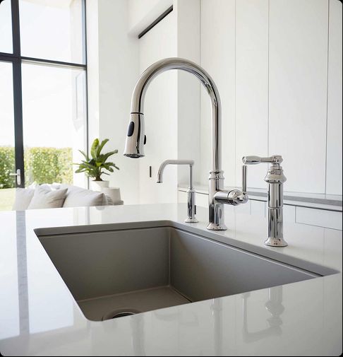 Modern kitchen sink and chrome faucet installation representing professional plumbing and restoration services in Deerfield Beach, FL.