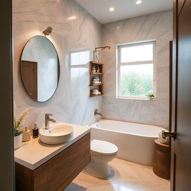 Modern bathroom with floating vanity, vessel sink, single-handle faucet, toilet, and tub under a window—ideal scene for leak repair, faucet replacement, toilet fixes, shower valve work, and drain cleaning by Tip Top Plumbing & Restoration in Broward County.