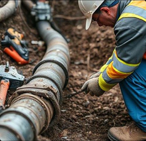 Tip Top Plumbing & Restoration technician repairing underground sewer line in Roosevelt Gardens FL residential area.