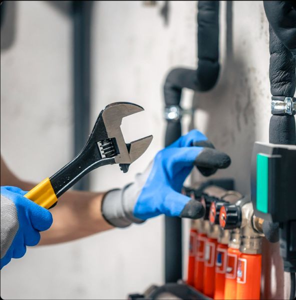 Technician using wrench to access insulated plumbing system before performing a sewer camera inspection. This image represents Tip Top Plumbing & Restoration’s advanced pipe inspection services in Broward County, FL.