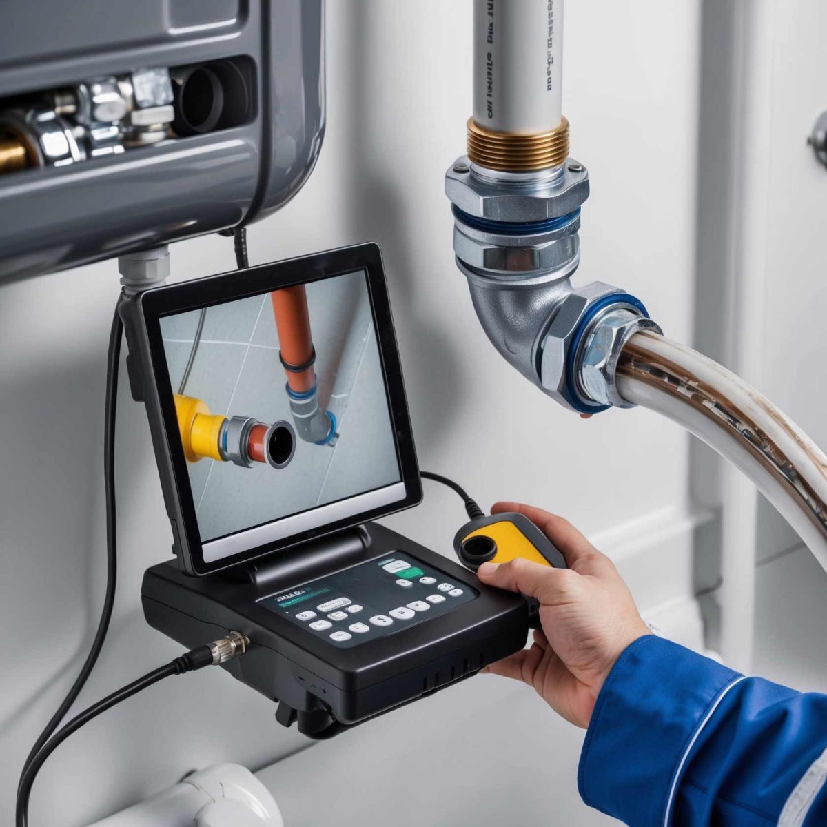 Technician using video inspection system to identify sewer line damage for repair. Image shows live view of internal pipe fittings. Represents Tip Top Plumbing & Restoration’s sewer line repair process in Broward County, FL.
