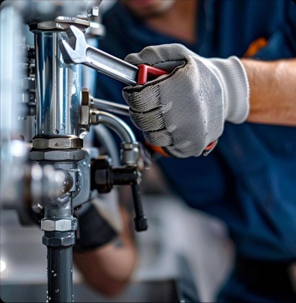 Gloved plumber using a wrench to repair sewer line components. The image highlights Tip Top Plumbing’s hands-on expertise in sewer line repair services across Broward County, FL.