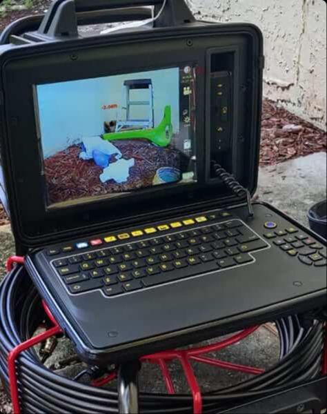 Sewer camera inspection monitor displaying live footage for diagnosing underground sewer line damage. This image represents Tip Top Plumbing & Restoration’s sewer line repair services in Broward County, FL.