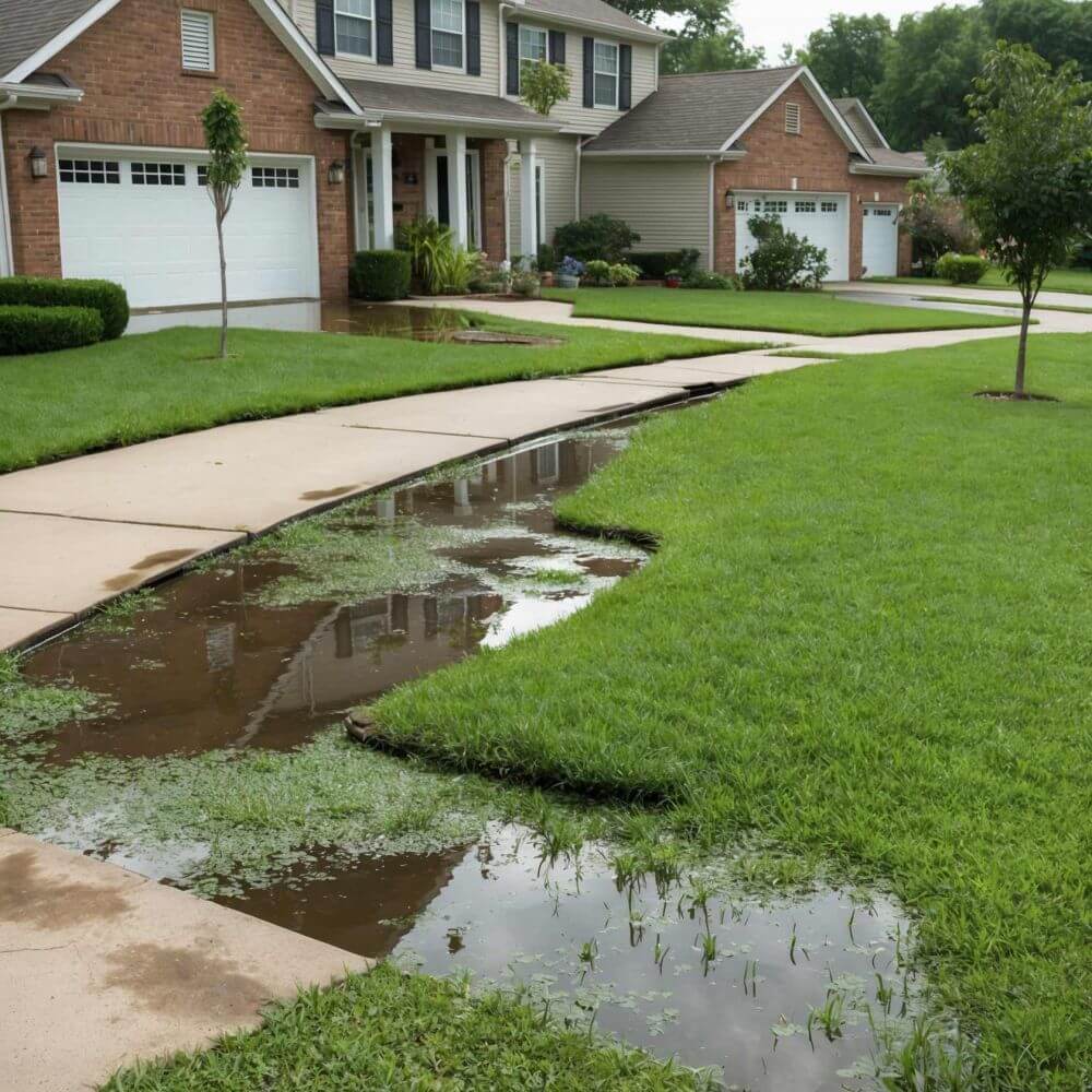 Sewer line failure causing yard flooding at a Pembroke Pines home, showing standing water across a sidewalk and lawn.