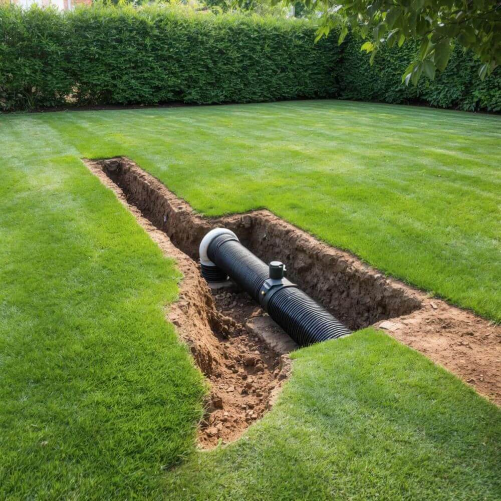 Newly installed sewer pipe in an open trench during a sewer repair and replacement project in Pembroke Pines, FL.