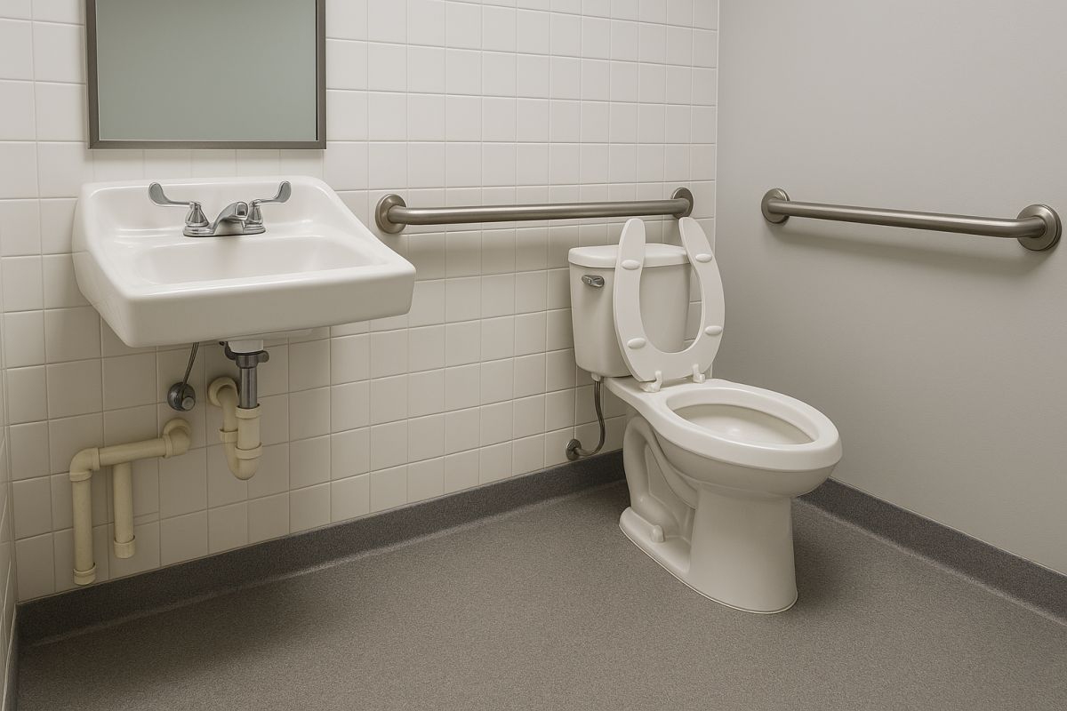 Commercial restroom plumbing showing a wall-mounted sink with visible pipes and a toilet with an open seat, equipped with safety grab bars on white tiled walls and gray flooring. This image represents Tip Top Plumbing & Restoration’s commercial plumbing expertise in Broward County, FL, serving offices, restaurants, and retail spaces with reliable restroom plumbing maintenance and repair.