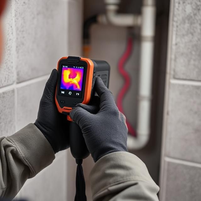 Technician using an infrared thermal camera to inspect plumbing pipes for hidden leaks behind a tiled wall. This image represents Tip Top Plumbing & Restoration’s advanced infrared leak detection service in Broward County, FL.