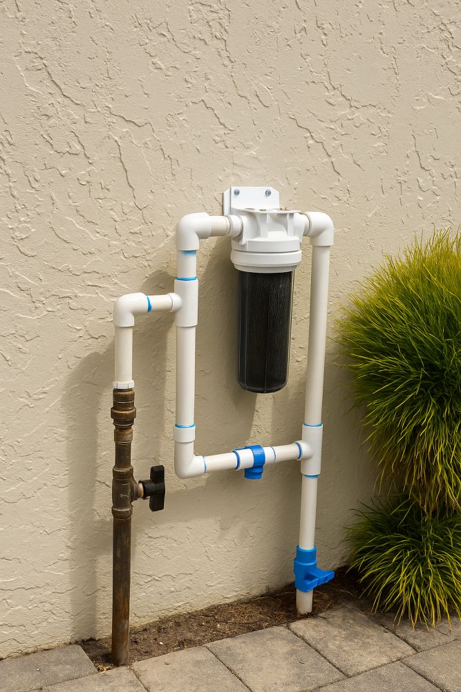An outdoor residential water filtration system installed on a stucco wall in Broward County, FL, showing PVC piping and a sediment filter unit professionally connected to the home’s main water line.