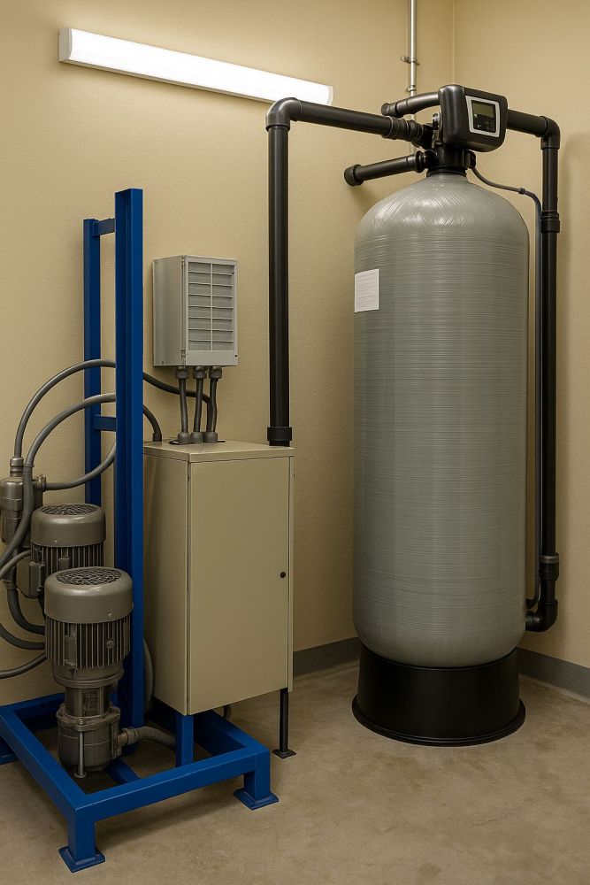 A professionally installed water filtration system featuring an activated carbon filter and control unit in a commercial utility room, illustrating Tip Top Plumbing & Restoration’s filtration system installation service for South Florida properties.