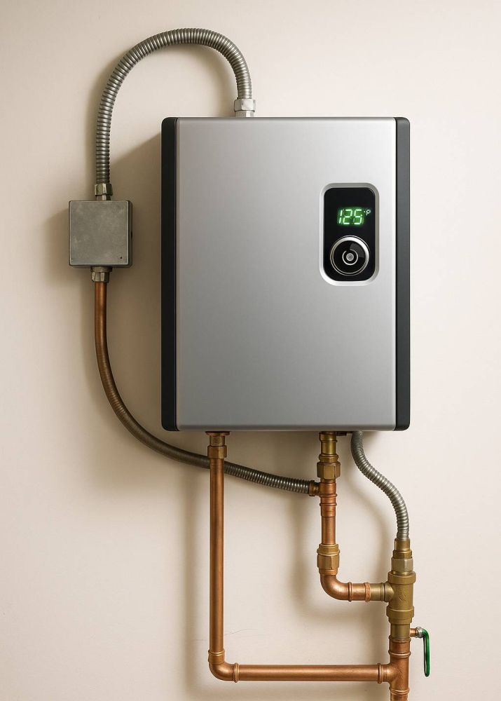 A traditional Rheem water heater installed in a South Florida garage with copper piping and an expansion tank mounted above—showcasing Tip Top Plumbing’s water heater installation craftsmanship.