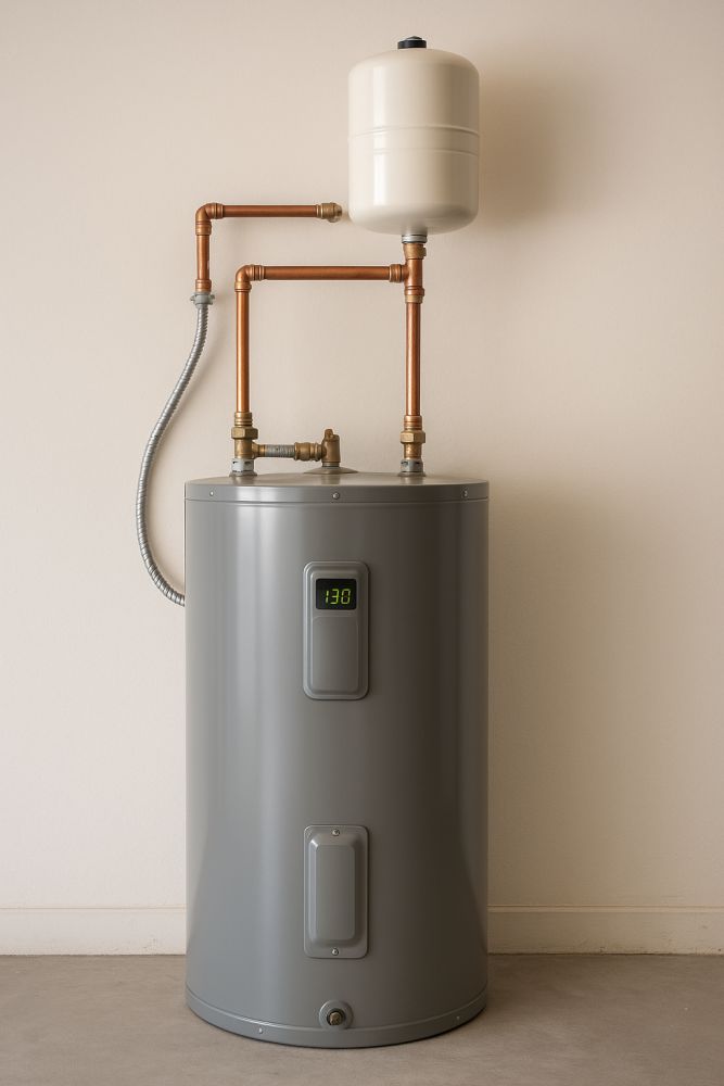 A traditional Rheem water heater installed in a South Florida garage with copper piping and an expansion tank mounted above—showcasing Tip Top Plumbing’s water heater installation craftsmanship.