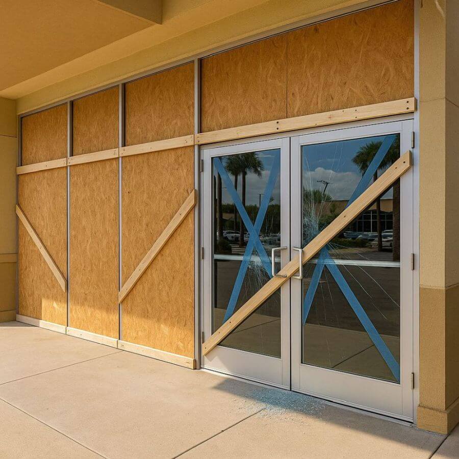 Tip Top Plumbing & Restoration secures a damaged storefront in Tamarac, FL with emergency board-up services after glass breakage.